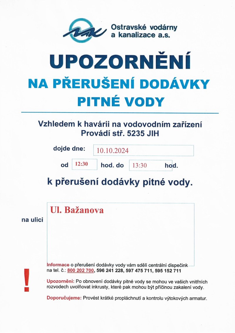 UPOZORNĚNÍ NA PŘERUŠENÍ DODÁVKY PITNÉ VODY - ULICE BAŽANOVA