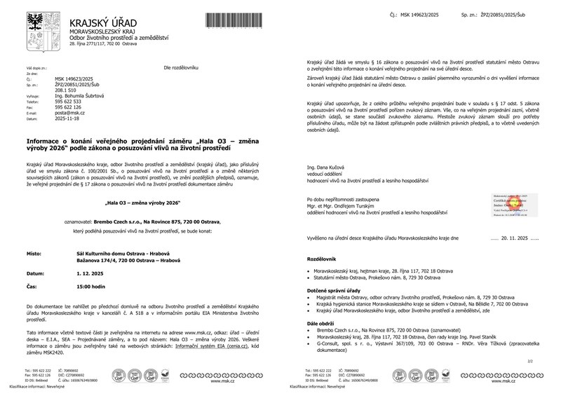 VEŘEJNÉ PROJEDNÁNÍ ZÁMĚRU „HALA O3 – ZMĚNA VÝROBY 2026“