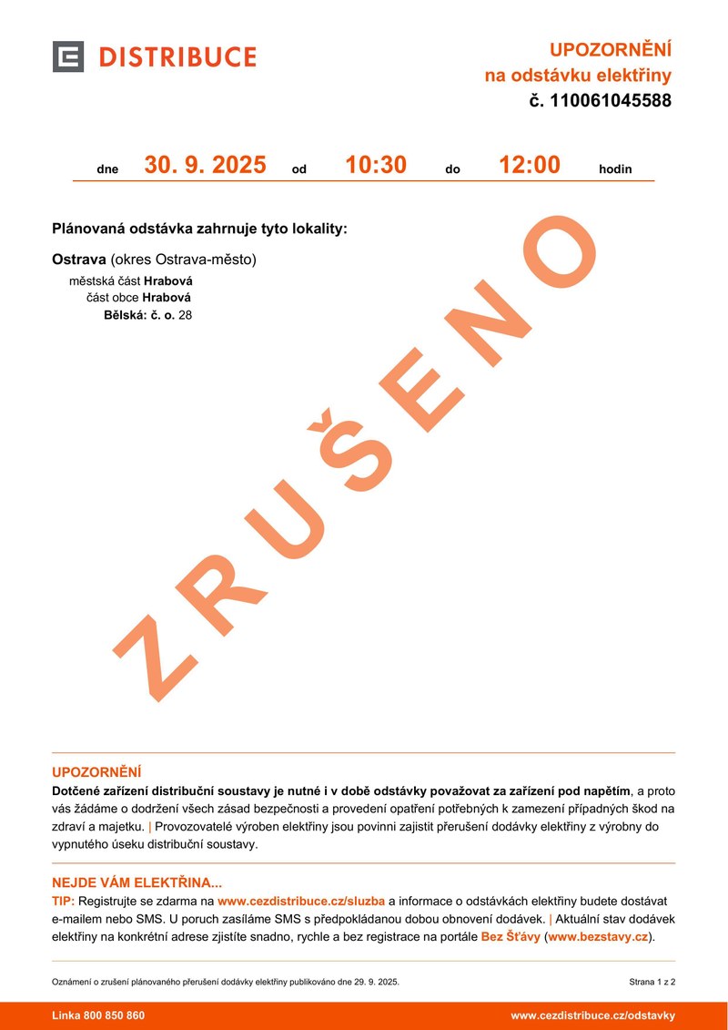 ZRUŠENÍ ODSTÁVKY ELEKTŘINY – BĚLSKÁ 28